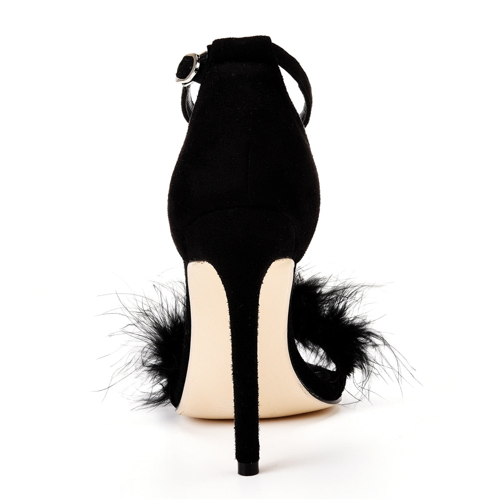 Fluffy Peep Toe Stilettos with Fur Feather